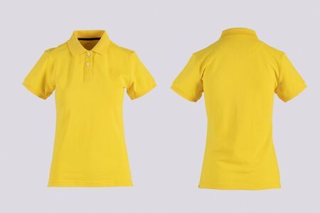 yellow womens blank polo shirt, front and back view isolated on white on invisible mannequinの写真素材