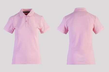 pink womens blank polo shirt, front and back view isolated on white on invisible mannequinの写真素材