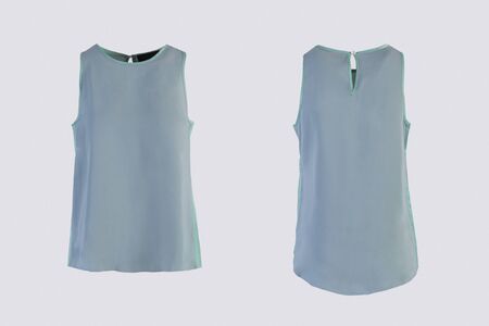 Women's blank bluish light green short sleeve t-shirt, front and back rear view template. Blank shirt mock up for print design. Isolated on whiteの写真素材