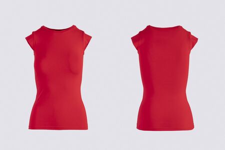 Women's blank red short sleeve t-shirt, front and back rear view template. Blank shirt mock up for print design. Isolated on whiteの写真素材
