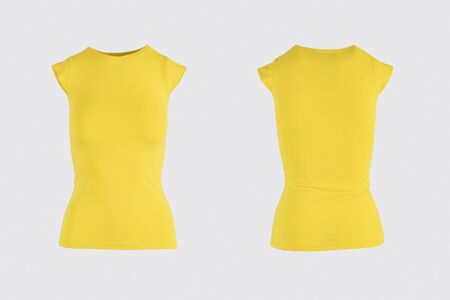 Women's blank yellow short sleeve t-shirt, front and back rear view template. Blank shirt mock up for print design. Isolated on whiteの写真素材