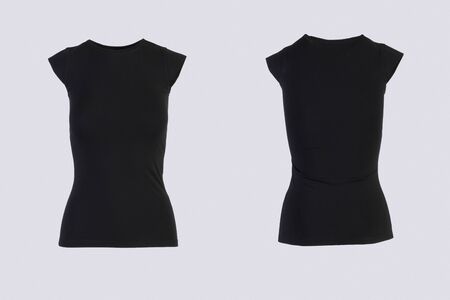 Women's blank black short sleeve t-shirt, front and back rear view template. Blank shirt mock up for print design. Isolated on whiteの写真素材