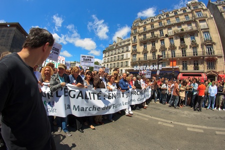 PARIS, FRANCE - June 25. Peoples took part in the Paris Gay Pride parade to support the LGBT's(lesbian, gay, bisexual, and transgender) rights, on June 25, 2011 in Paris, France.のeditorial素材