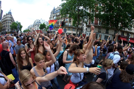 PARIS, FRANCE - June 25. Peoples took part in the Paris Gay Pride parade to support the LGBT's(lesbian, gay, bisexual, and transgender) rights, on June 25, 2011 in Paris, France.のeditorial素材