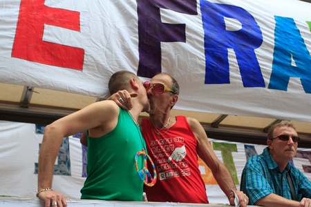PARIS, FRANCE - June 25. Peoples took part in the Paris Gay Pride parade to support the LGBT's(lesbian, gay, bisexual, and transgender) rights, on June 25, 2011 in Paris, France.のeditorial素材