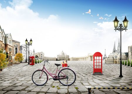 3d view blue sky peace Pigeon street Bicycle with lighting pole and attractions from Paris and Italy and old housesの写真素材