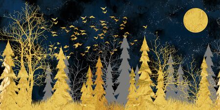 3d modern art mural wallpaper with dark blue Jungle , forest background . golden deer, black christmas tree , mountain , moon with birds . Suitable for use as a frame on walls .の写真素材