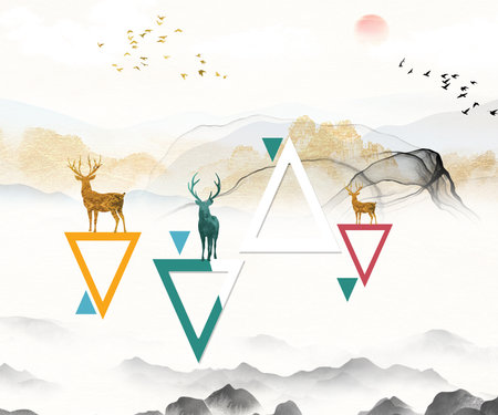 3d modern mural landscape wallpaper with triangle  and dark gray  mountain .
sun and birds in sky clouds .
waves and biege background .の写真素材