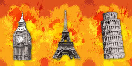 3d illustration orange wallpaper and splash in background . black and white big ben , eiffel tower and pisa tower . suitable for wall frameの写真素材