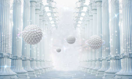 3d mural rendering wallpaper .
Columns with 3d sphere and light circles . modern white background...