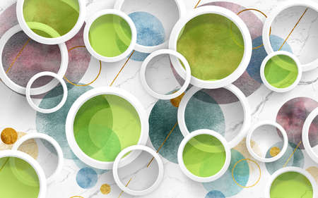 3d illustration wallpaper home decor. light green, and white circles and golden items in white backgroundの写真素材