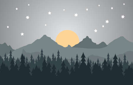 3d illustration wallpaper night landscape. mountains and Christmas forest trees and stars.のイラスト素材
