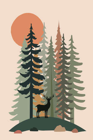 3d art wall frame illustration wallpaper landscape. stones and green Christmas forest trees, deer, and sunrise.のイラスト素材