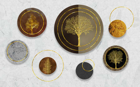 3d illustration wallpaper.
golden, brown, black and gray circles and trees in light gray background.