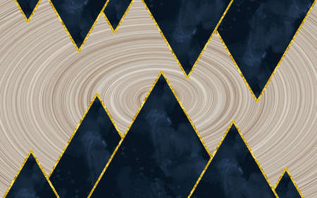 Abstract marble wallpaper with blue and golden triangles in swirl background.