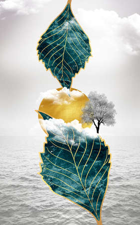 3d Chinese art landscape. light gray background golden sun and clouds, tree leaf and water