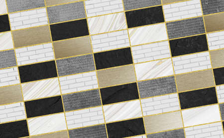 modern pattern squares wallpaper. golden, bricks, black shapes, and golden lines. 3d background...