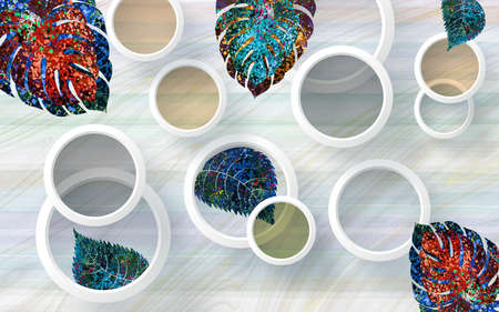 3d illustration wallpaper home decor. colorful leaves and white circles in light marble background