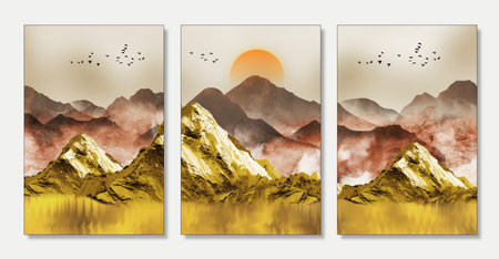 3d art mural wallpaper landscape, light background, colorful golden mountains, birds and moon and...
