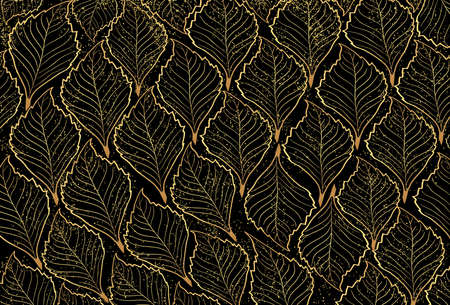 3d black art wallpaper mural. golden leaves and dots. Chinese leaf background
