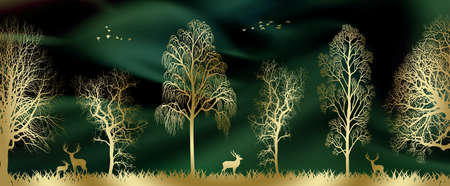 3d modern canvas art mural wallpaper with golden trees and light painting green background. herbs, deers, and birds. for home wall decorationの写真素材