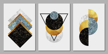 3d illustration modern wall frame canvas flat art. colorful marble shapes, circles, and lines,...