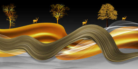 3d modern art mural wallpaper night landscape with a dark background. Golden Christmas tree, mountain, golden deer, light moon golden, and black waves. for wall decorationの写真素材