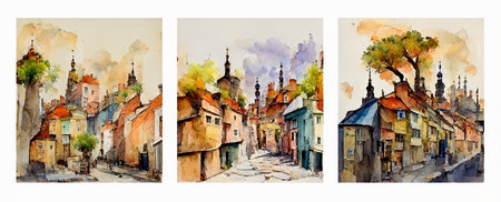 drawing watercolor poster. Old city street, european cityscape colorful houses building and treesの写真素材