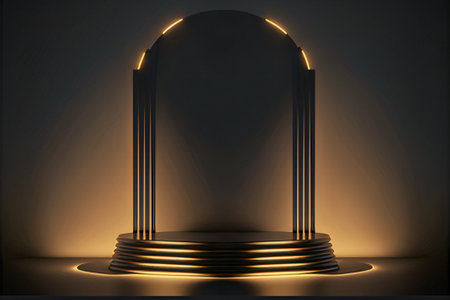 Abstract 3d podium with lighting gold color on a yellow background podium stage for an award ceremony or performance. 3d rendering illustrationの素材