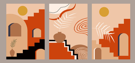 3d boho wall poster canvas art. old house, vases, branches and sun. flat modern designのイラスト素材