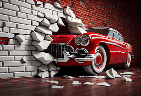3d mural wallpaper broken wall bricks and a classic red car. Painted design for children and kid's bedroom wallpaper.の素材