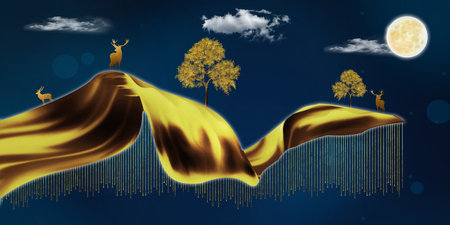 3d modern art mural wallpaper, night landscape with a dark blue background. golden silk shape and moon, trees, deer, and golden lines.の写真素材