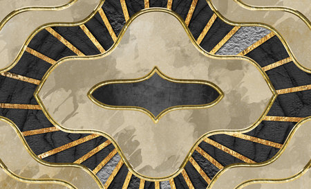 3d modern art mural wallpaper. golden lines and decorative circles and on paint beige background....