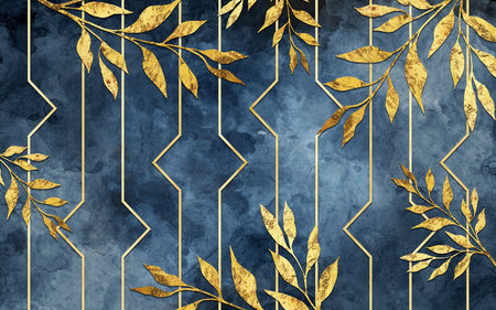 3d mural wallpaper for living room decoration. golden tree branches and lines on boho blue backgroundの写真素材