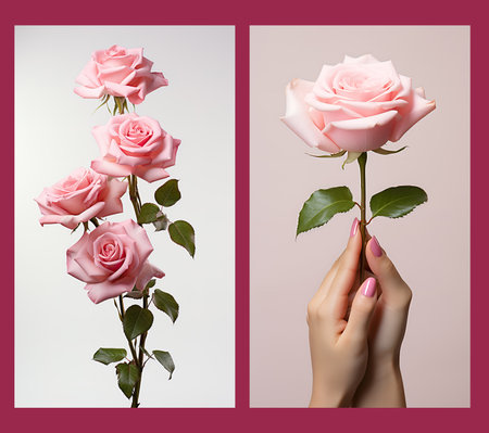 pink rose with green branches in hand for wall canvas decorの素材