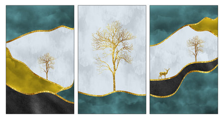 colorful marble canvas wall art frame wallpaper. golden, turquoise and black shapes. golden tree and...