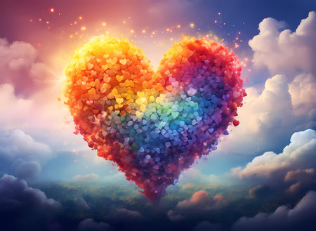 Heart of colorful hearts on sky background. Love and Valentine's day conceptの素材