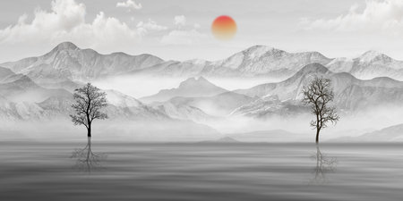 Black and white hill landscape view wallpaper. orange moon, black tree and mountains. gray background. 3d illustration artの写真素材