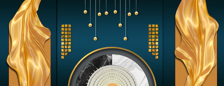3d modern wall art. golden silk textile and black gold circles on dark blue background. minimal...