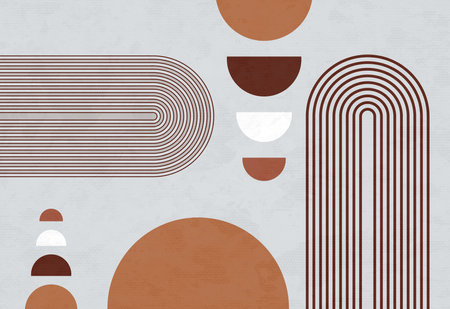 3d abstract mural wallpaper. white lines and marble and wooden shapes on gray background. golden and red and white pattern shapesの写真素材