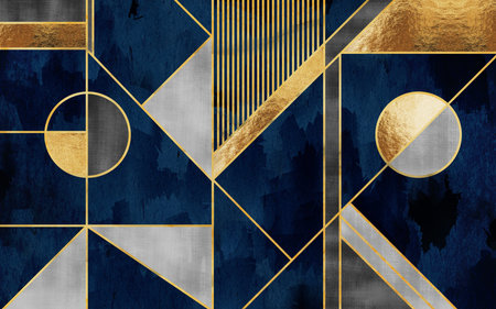 3d modern abstract wallpaper. Golden lines with blue and golden shapes gold sphere and dark background. carpet and home decorの写真素材
