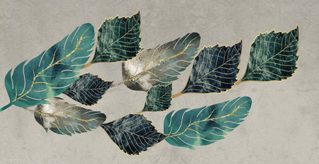 3d art wallpaper wall decor poster. blue, turquoise, and gray leaves, feathers and golden on drawing...