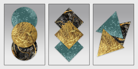 3d render abstract marble artwork. turquoise, golden and black triangles, circles and square shapes...