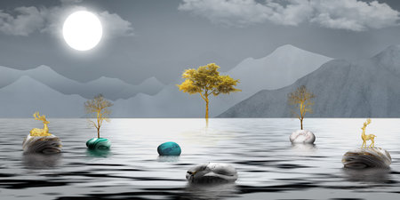 3d Chinese landscape wallpaper. gray background with golden trees, deer, mountains, and white clouds. golden, black, turquoise stone in water.の写真素材