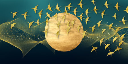 3d modern art mural wallpaper with dark blue background. golden wavy pattern lines. Gold moon, birds...