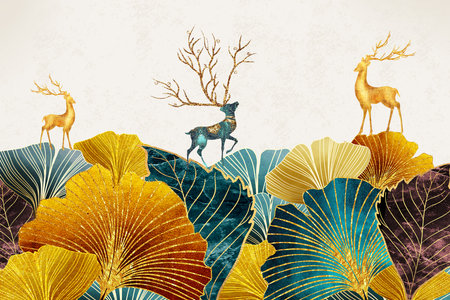 3d colorful ginkgo leaves and gold deer. turquoise, blue, red and gold leaf. landscape wall artの写真素材