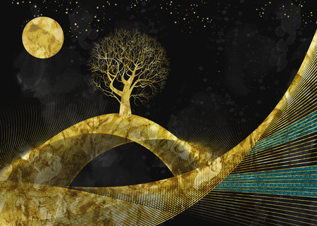 3d modern abstract art mural wallpaper night landscape with dark background. Golden christmas tree, mountain, light moon golden and gold waves. for interior wall decorationの写真素材