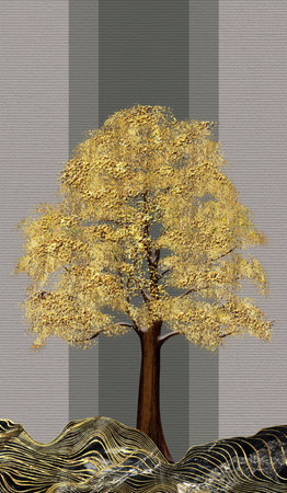 Vertical illustration decorative wallpaper canvas art. 3d golden tree and marble mountains on gray...