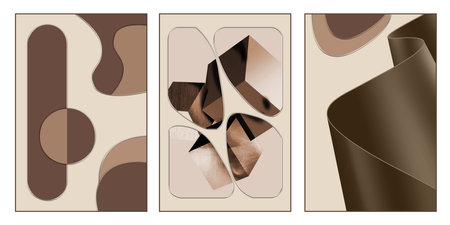 3d illustration background wallpaper. brown, beige shapes, and golden lines and spheres. modern...