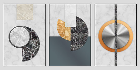 3d modern art frame canvas mural wallpaper. golden and silver circle and decorative golden lines on marble light gray background.の写真素材